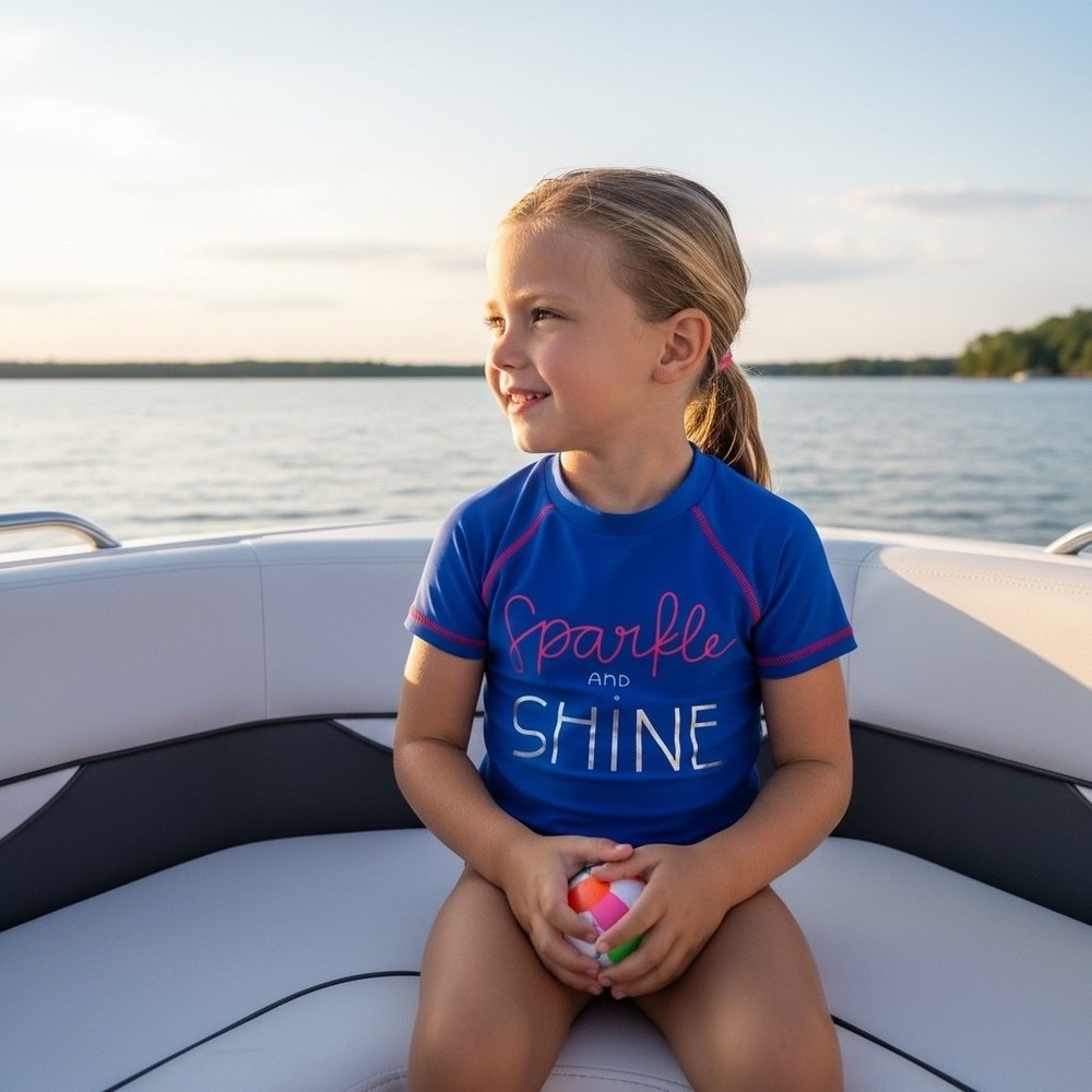Girls 7 Blue Sparkle Shine Short Sleeve Rash Guard Swim Shirt Royal Blue Pink